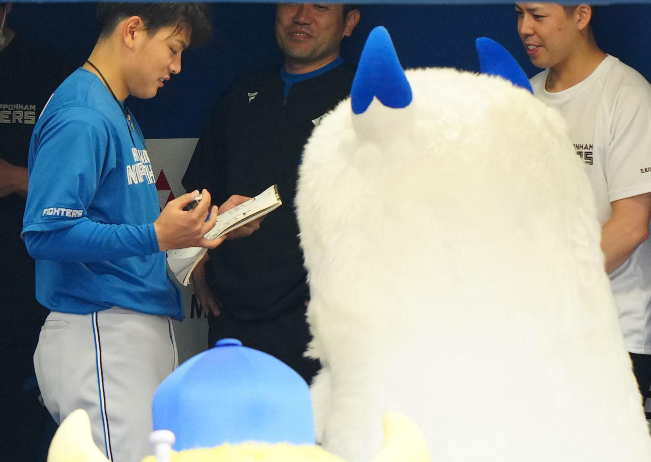 DeNA対日本ハム　試合前、バートとチャピーの似顔絵を描く日本ハム野村（左）（2023年6月14日撮影）