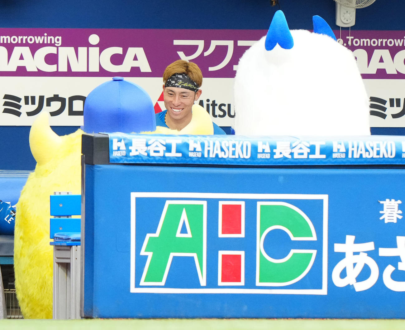 DeNA対日本ハム　試合前、バート（右）とチャピー（左）の似顔絵を描く日本ハム江越（2023年6月13日撮影）