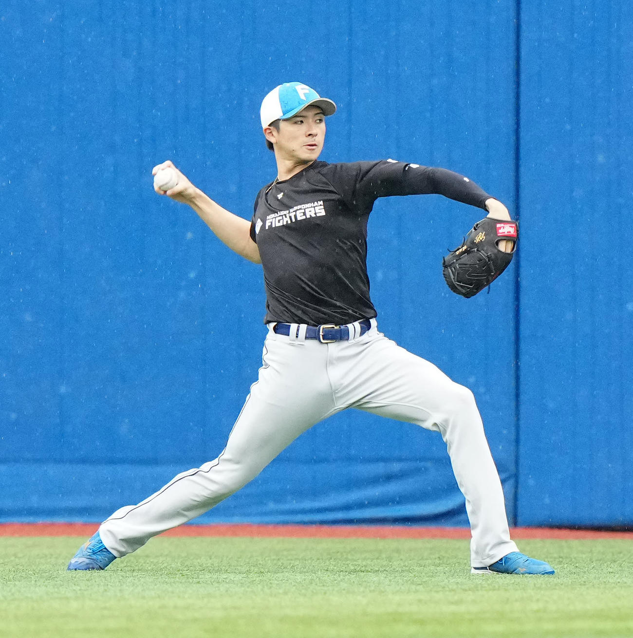 DeNA対日本ハム　試合前練習でキャッチボールする日本ハム上沢（撮影・江口和貴）