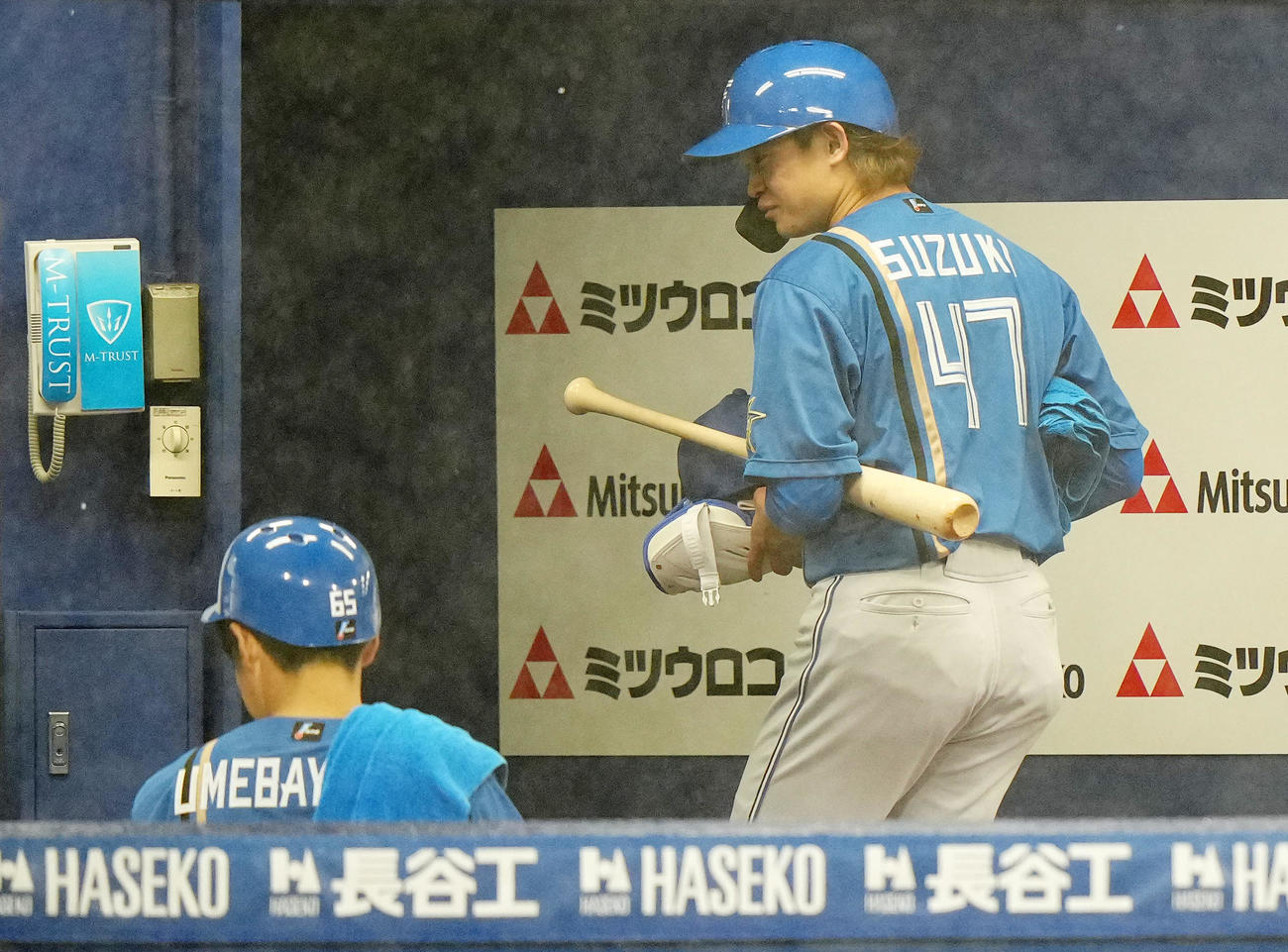 DeNA対日本ハム　試合中止後、ヘルメットをかぶり、ベンチから引き揚げる日本ハム鈴木（撮影・江口和貴）