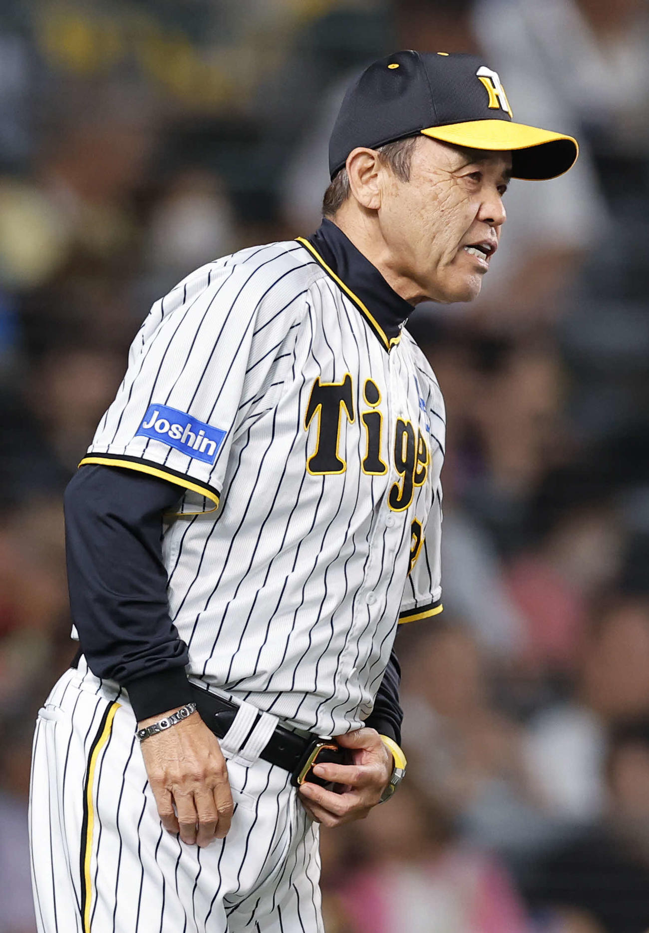 阪神対オリックス　8回表、交代告げる阪神岡田監督（撮影・藤尾明華）