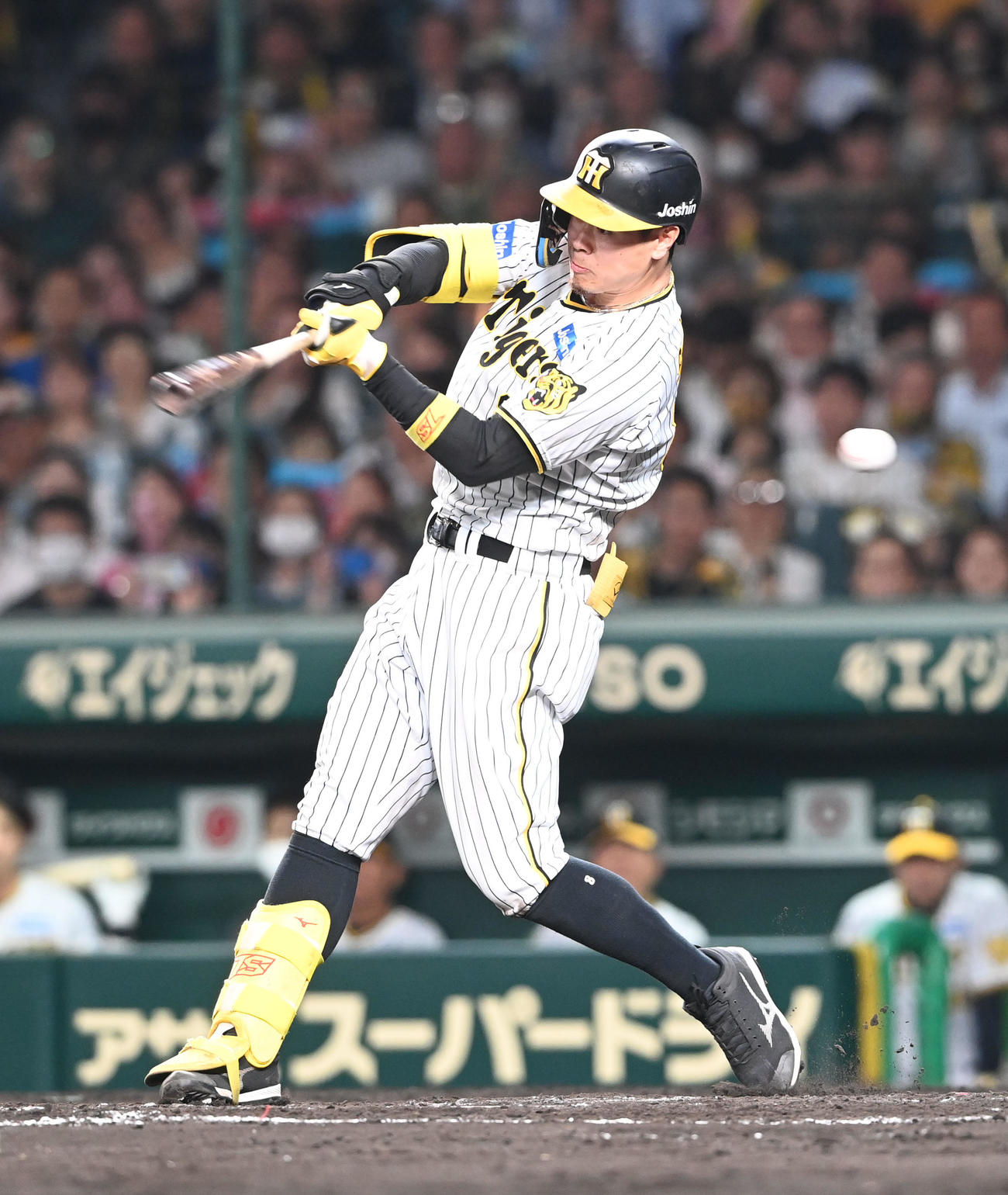 阪神対オリックス　8回裏阪神無死一塁、空振り三振に倒れる佐藤輝（撮影・和賀正仁）