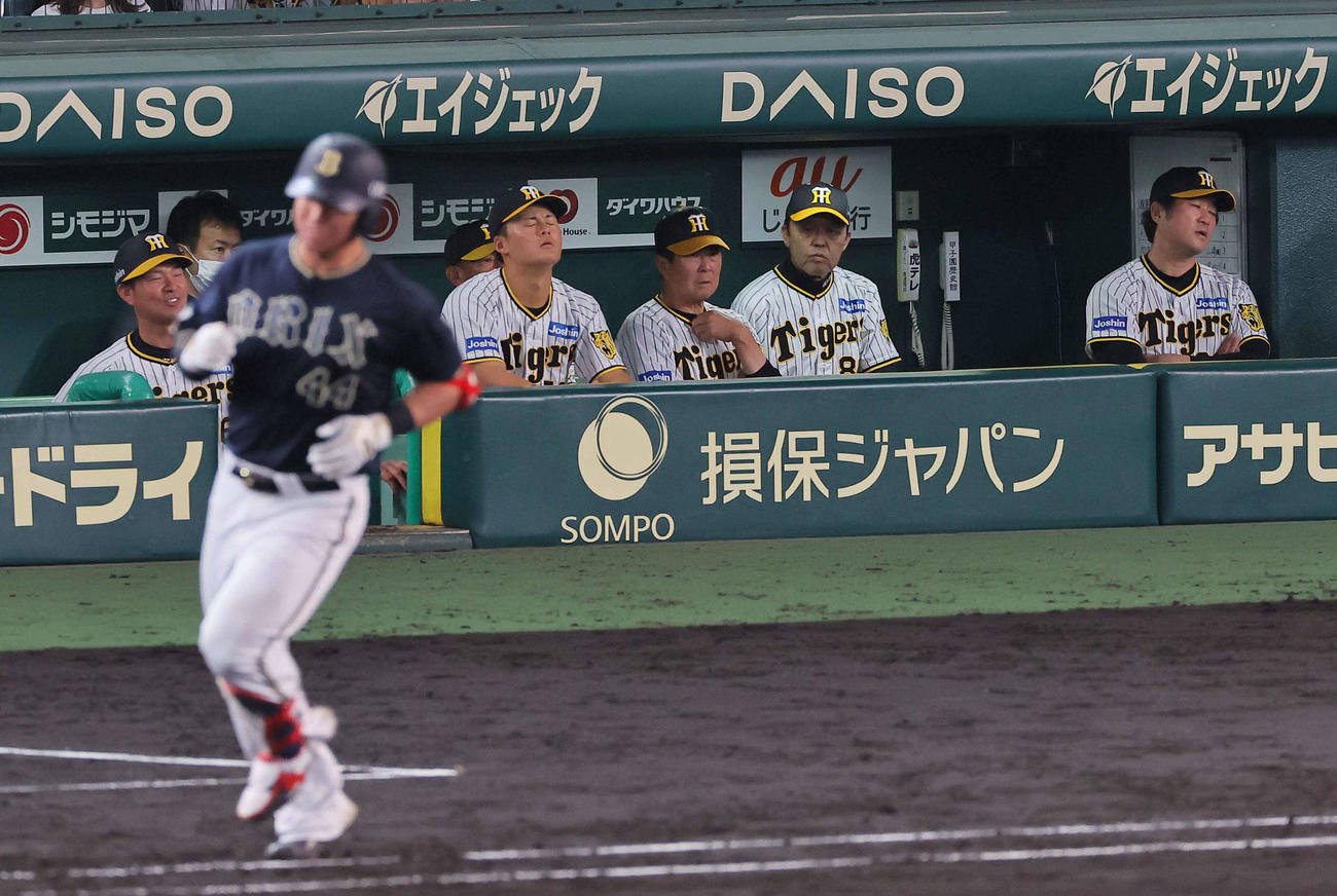 阪神対オリックス　岡田監督（右から2人目）は頓宮に同点本塁打を浴びベンチで厳しい表情を見せる（撮影・上田博志）