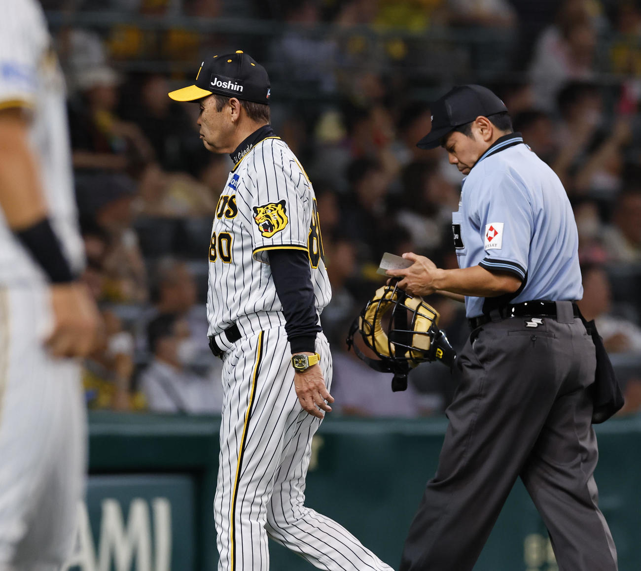 阪神対オリックス　9回表オリックス2死、投手交代を告げベンチに戻る阪神岡田監督（撮影・藤尾明華）