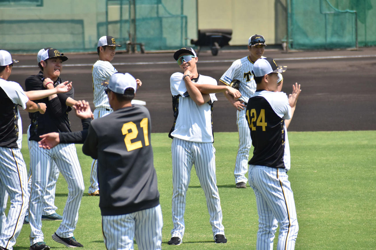 鳴尾浜でウオームアップを行う阪神湯浅（撮影・古財稜明）