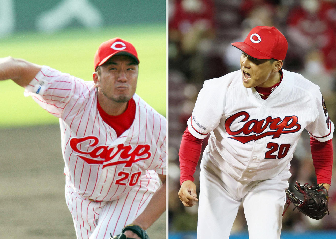 北別府さんの背番号「20」を受け継いだ永川（左）と栗林