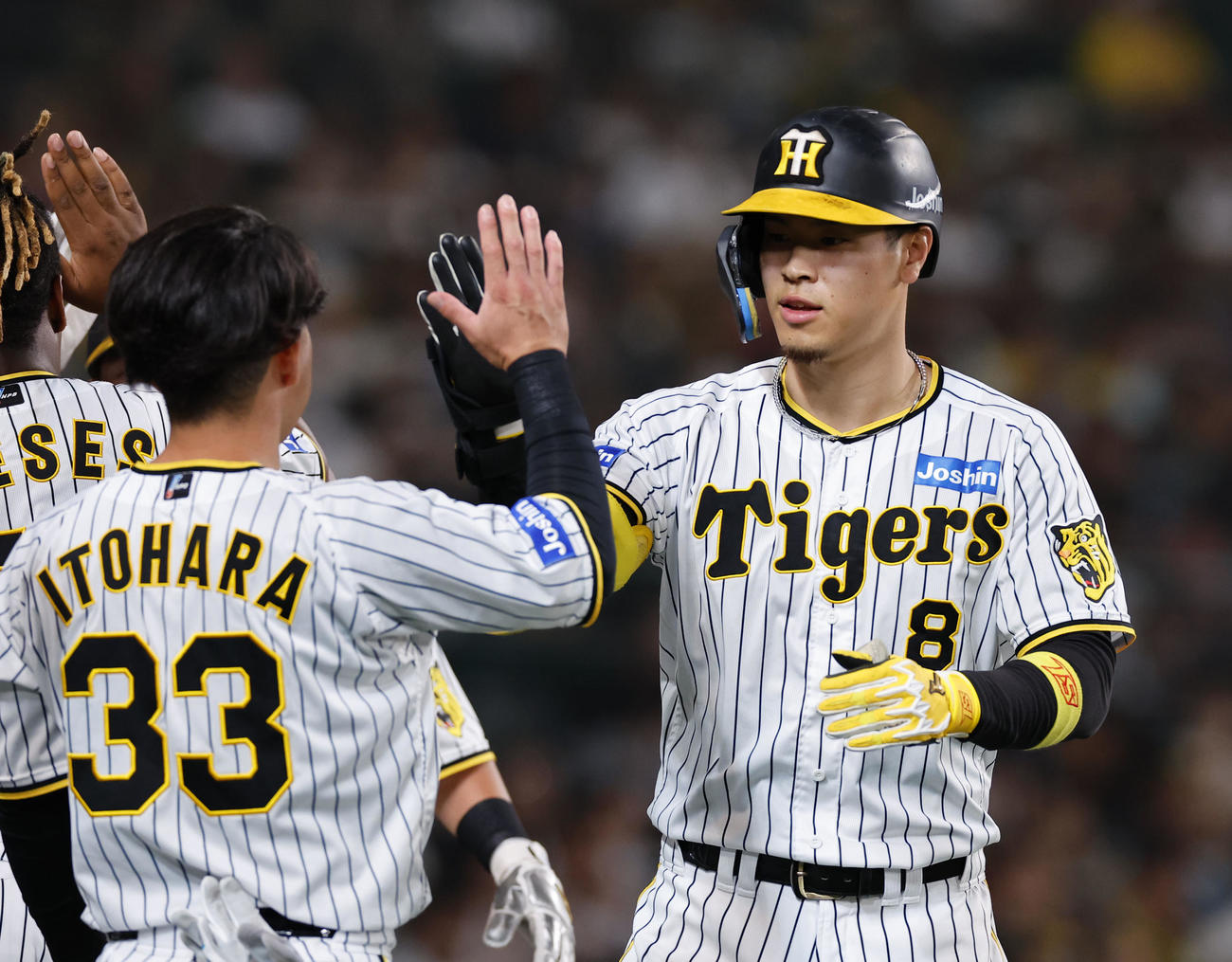 阪神対ソフトバンク　6回裏阪神2死二塁、右越えに2点本塁打を放ちナインとタッチを交わす佐藤輝（右）（撮影・藤尾明華）