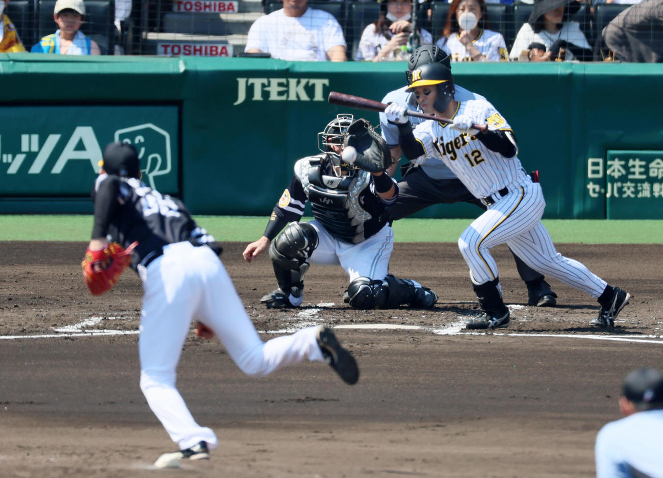 阪神対ソフトバンク　2回裏阪神1死一、三塁、坂本は一塁線にスクイズバントを決める。投手は石川（撮影・加藤哉）
