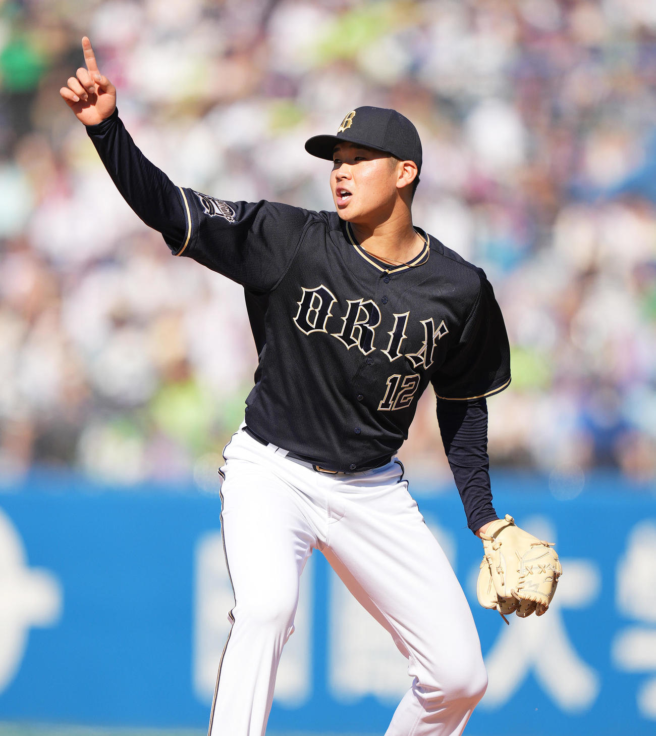 ヤクルト対オリックス　5回裏ヤクルト無死、山崎の打球を指さす山下（撮影・菅敏）