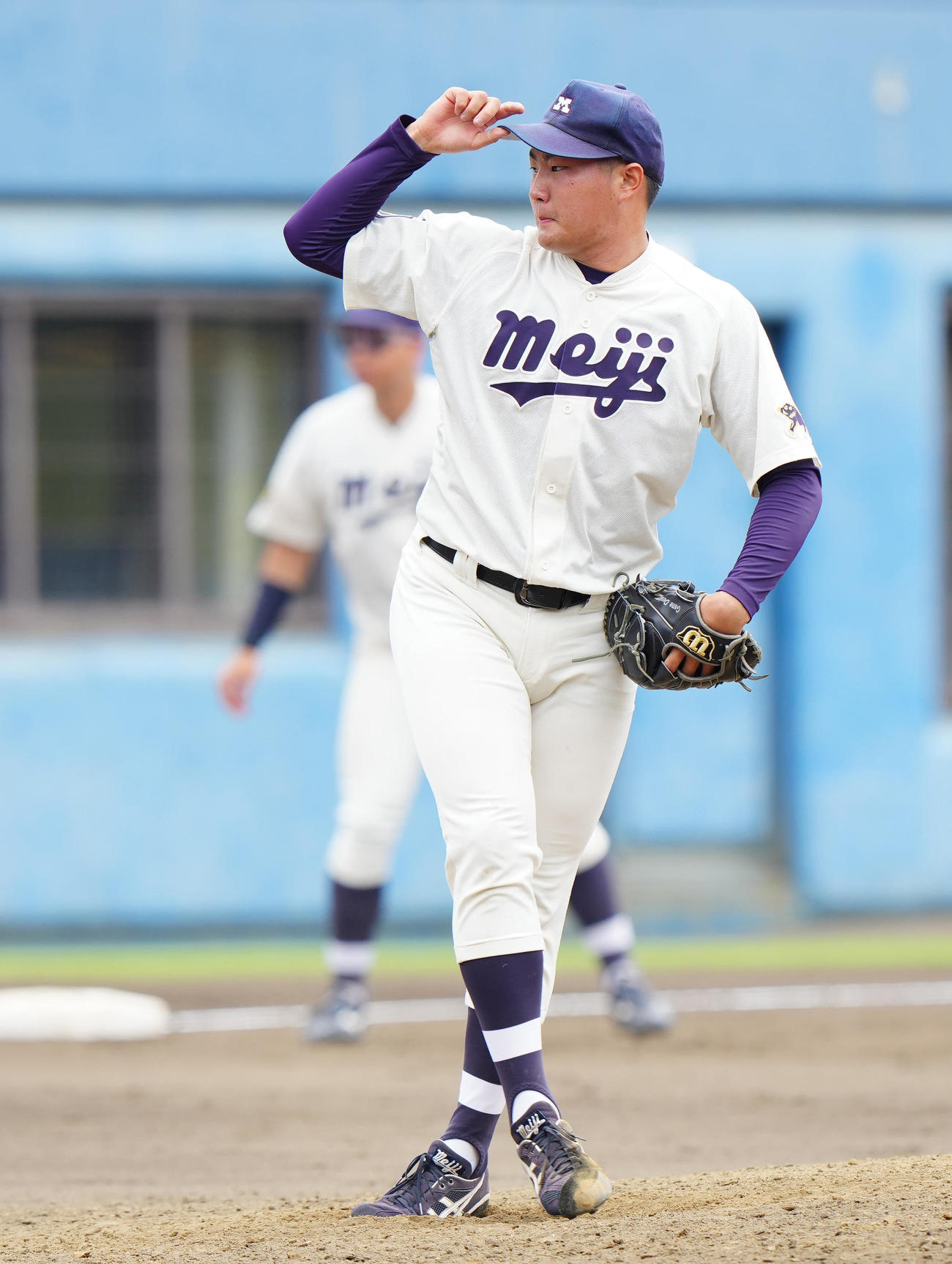 紅白戦の1試合目　紅組3番手の明大・村田（撮影・江口和貴）