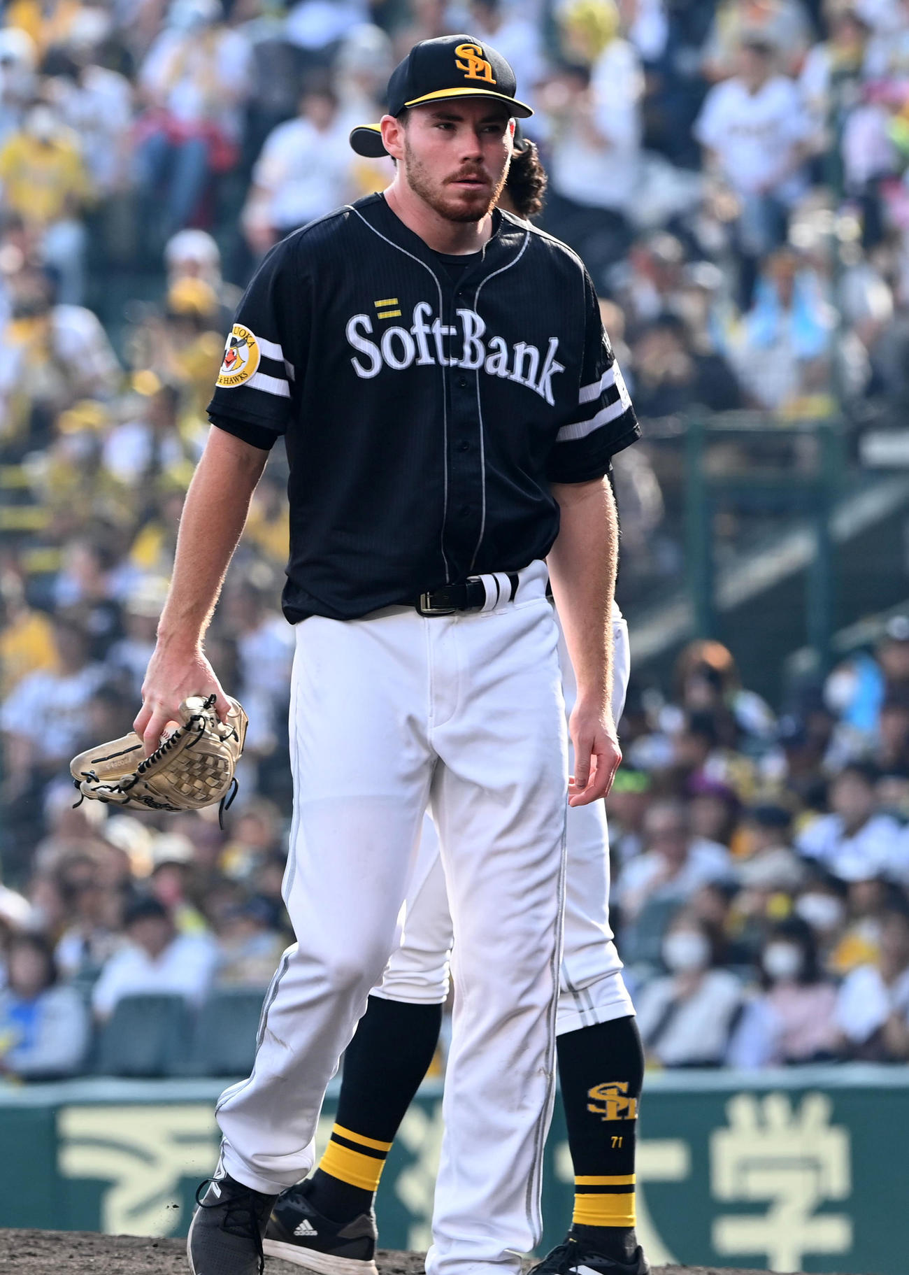 阪神対ソフトバンク　6回裏阪神1死一、二塁、交代でベンチに戻るソフトバンク先発のスチュワート（撮影・前岡正明）