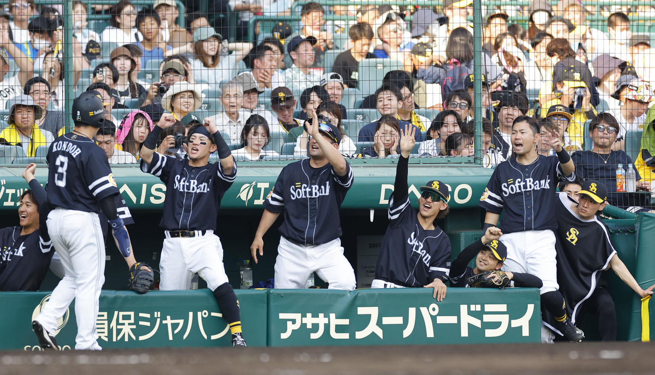 阪神対ソフトバンク　7回表ソフトバンク2死一、二塁、野村勇の左前適時打で生還した近藤を迎えるソフトバンクナイン（撮影・藤尾明華）