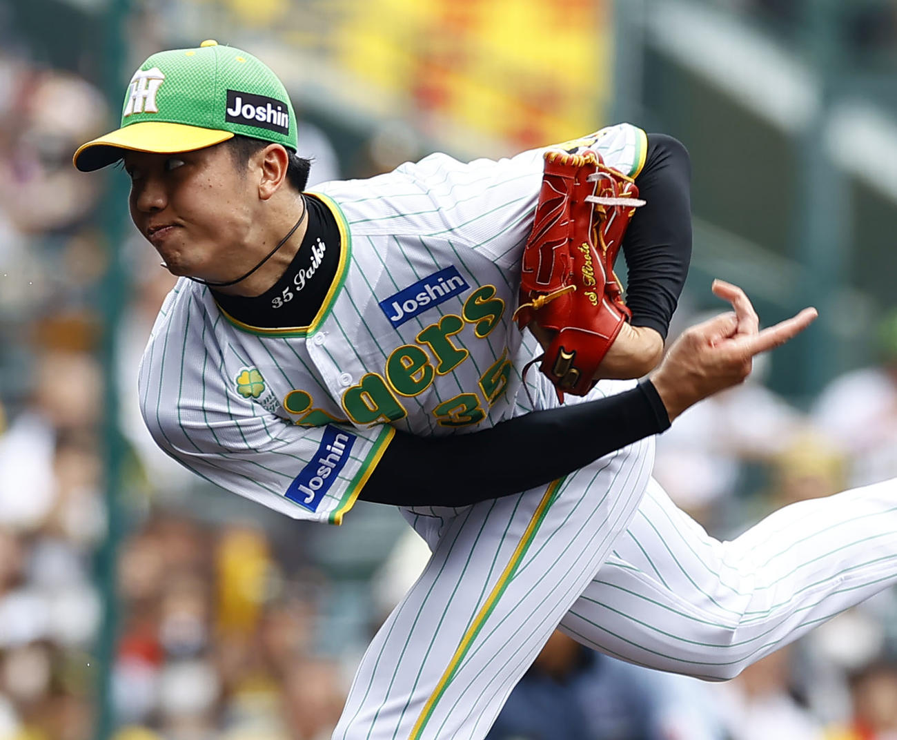 阪神対ソフトバンク　5回無失点と好投した阪神才木（撮影・藤尾明華）