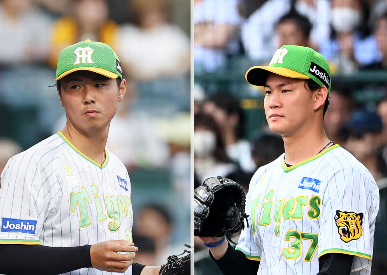 阪神浜地真澄（左）と及川雅貴