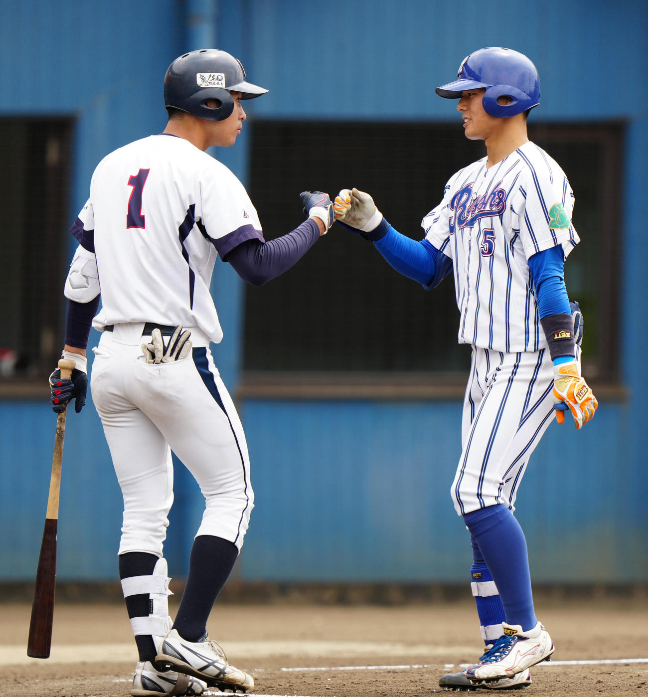 紅白戦　3回表白組1死、ソロ本塁打を放ち、山梨学院大・宮崎一（左）とタッチを交わす立正大・飯山（撮影・江口和貴）