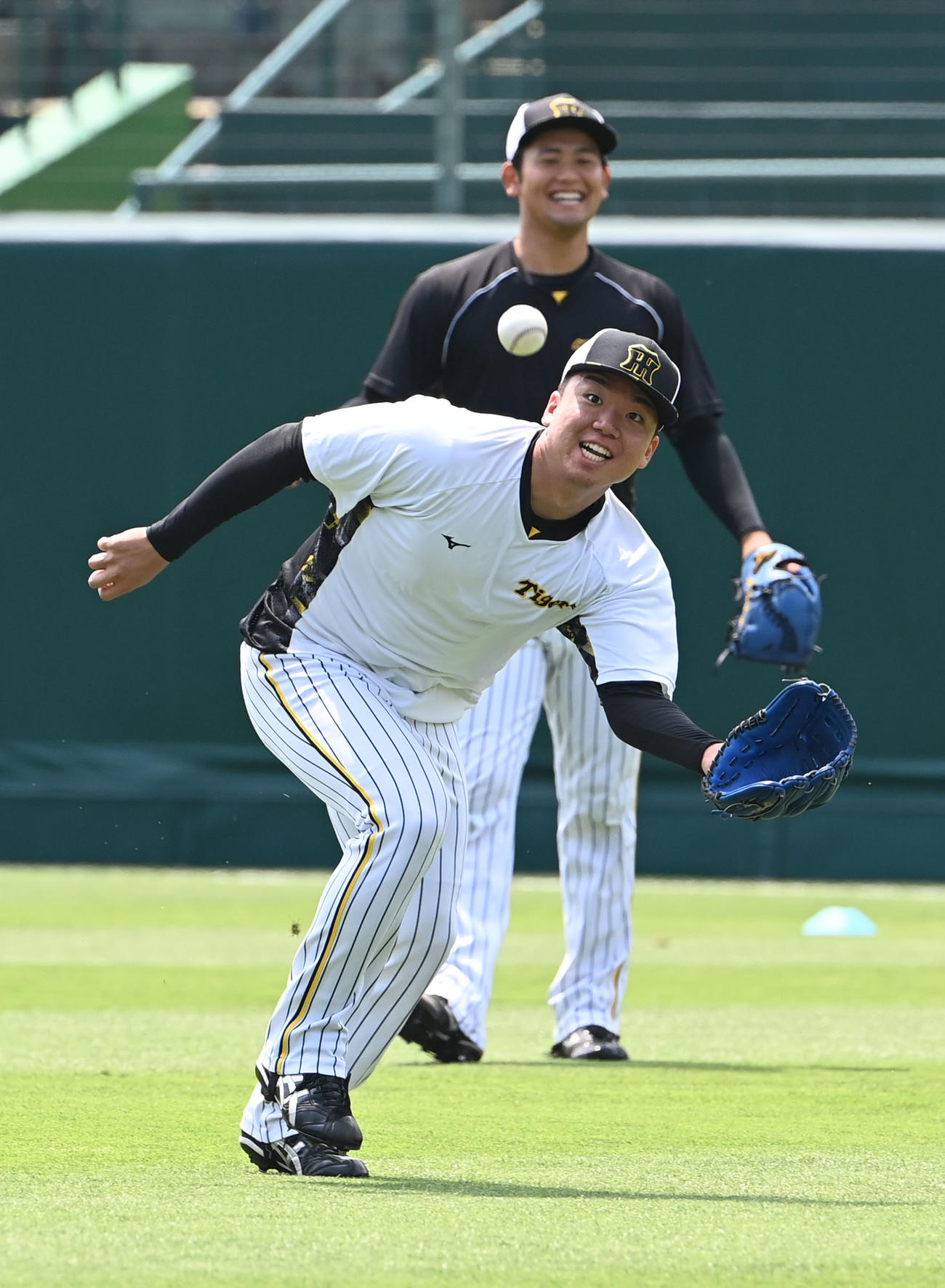 外野でノックを受ける阪神村上（撮影・和賀正仁）