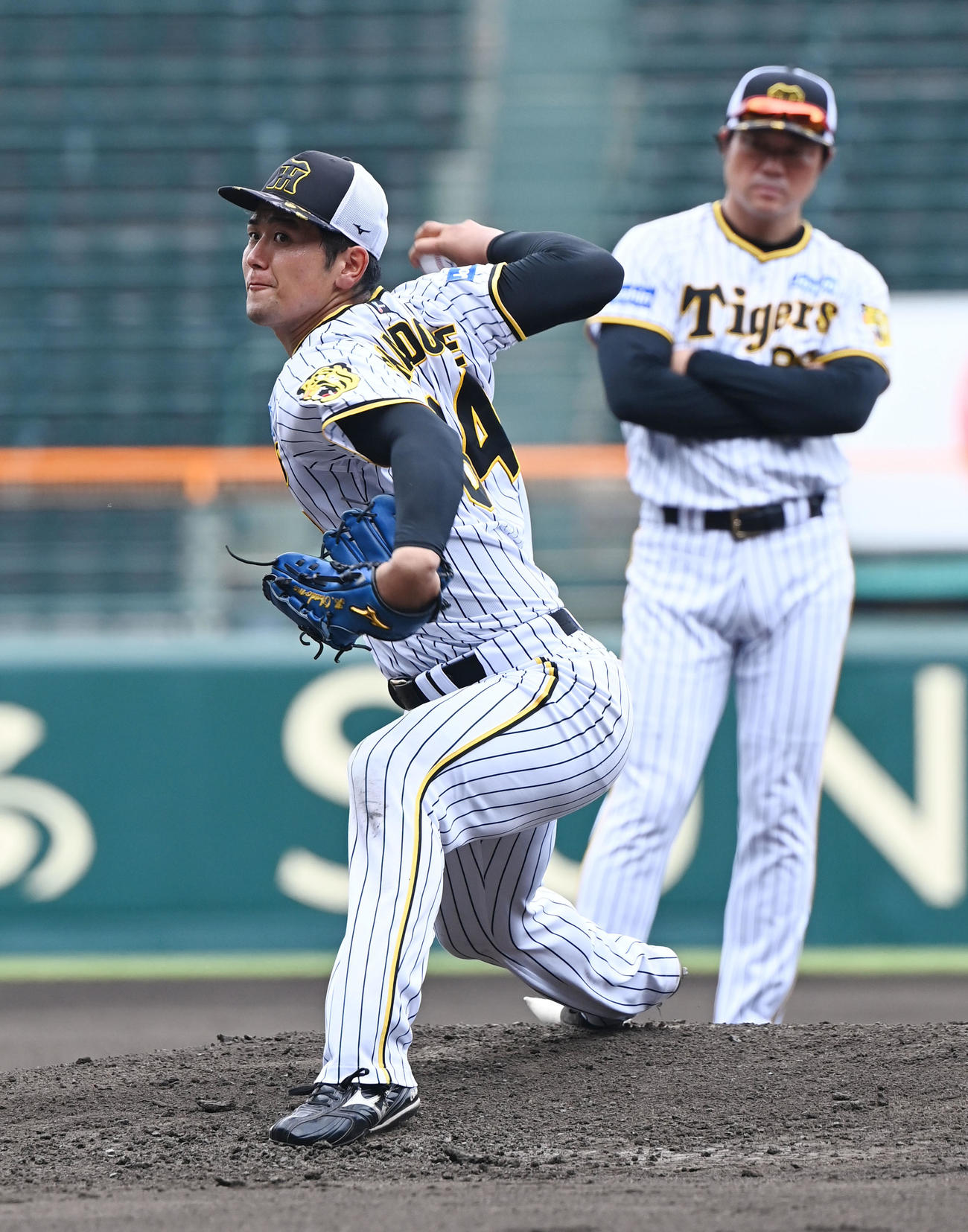 甲子園のマウンドから投げ込む阪神岡留（撮影・和賀正仁）