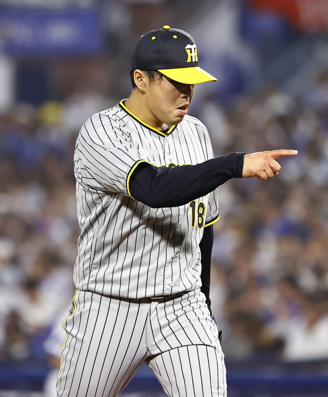 DeNA対阪神　5回裏を終えベンチを指さす阪神馬場（撮影・藤尾明華）