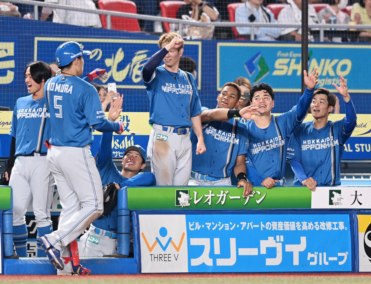 ロッテ対日本ハム　8回表日本ハム無死、左越え本塁打を放った野村をタッチで迎える日本ハムナイン（撮影・横山健太）