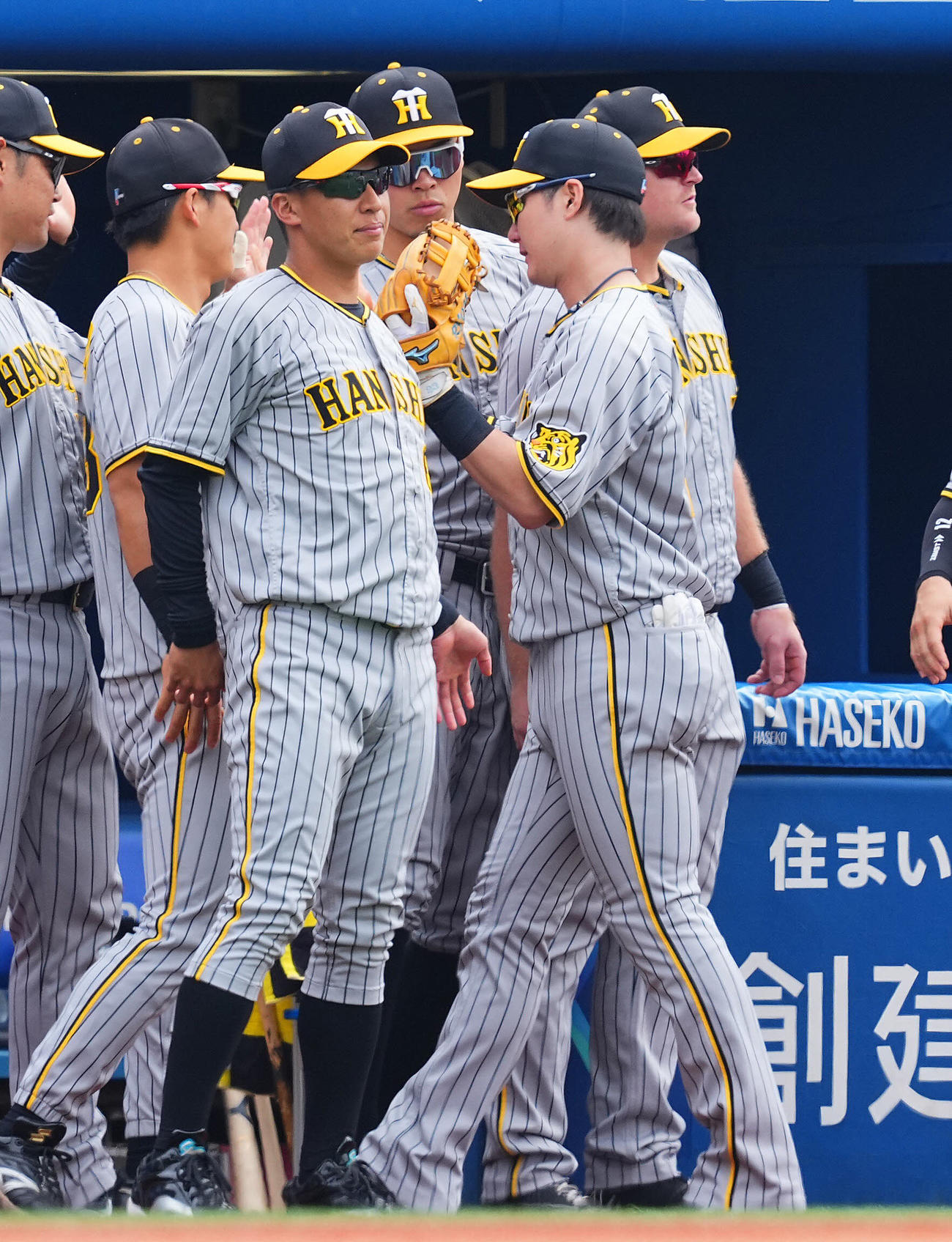 DeNA対阪神　3回裏DeNA2死三塁、牧の鋭い打球を好捕し三直とした渡辺諒（右から2人目）を出迎える佐藤輝（同3人目）（撮影・垰建太）