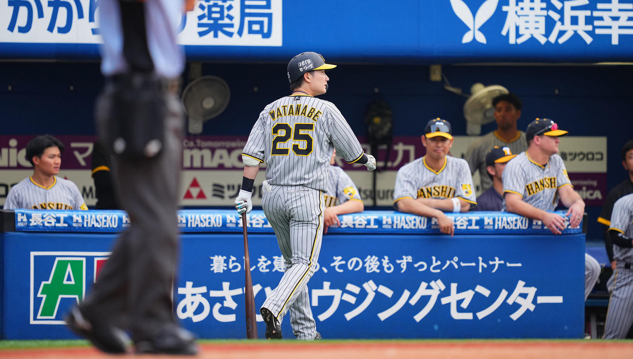 DeNA対阪神　9回表阪神無死一塁、遊ゴロ併殺に倒れ渋い表情の渡辺諒（25番）らナイン（撮影・垰建太）