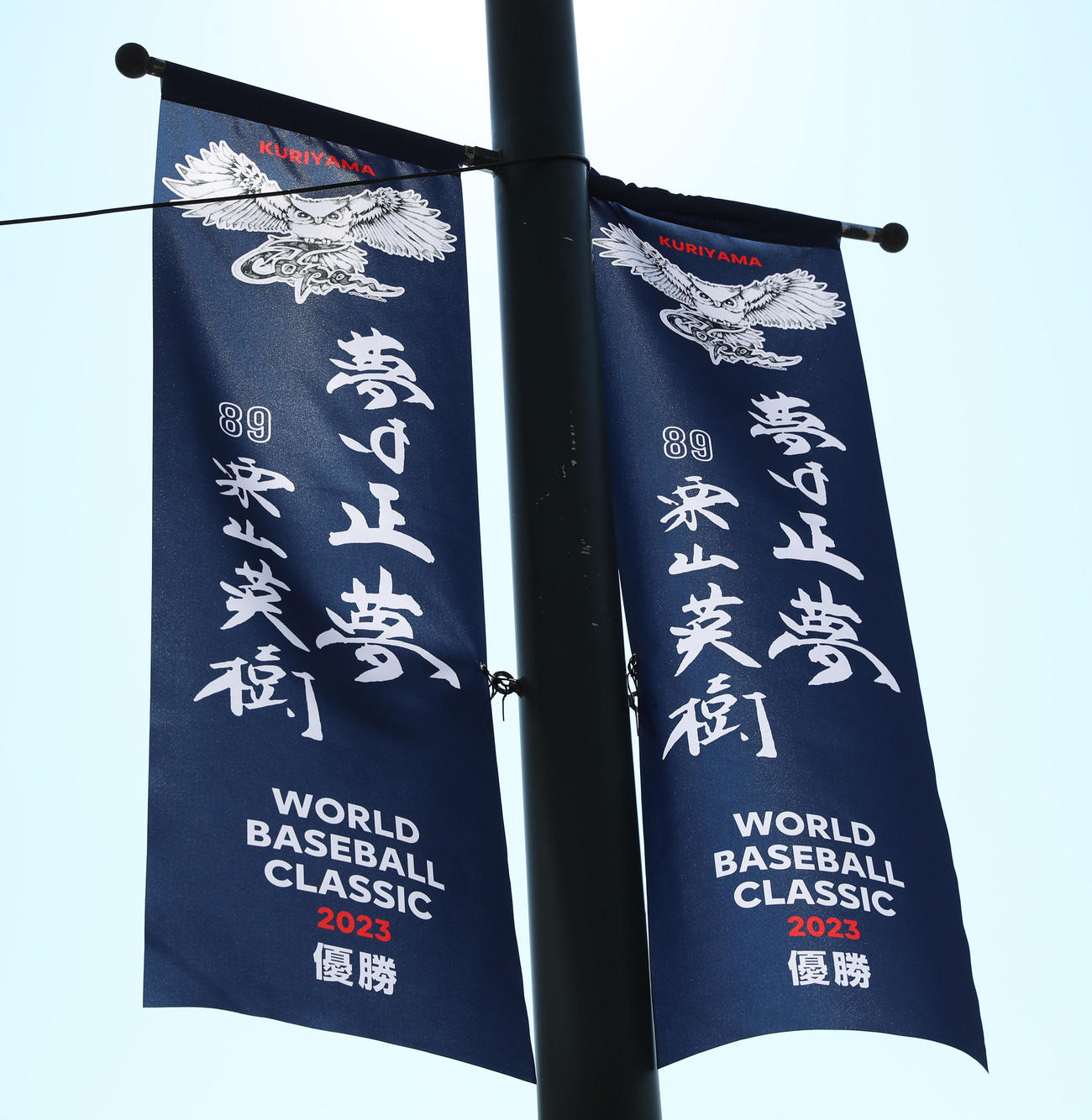 侍ジャパン栗山英樹前監督の優勝パレードに合わせてくりやま駅前商店街につけられたフラッグ（撮影・佐藤翔太）