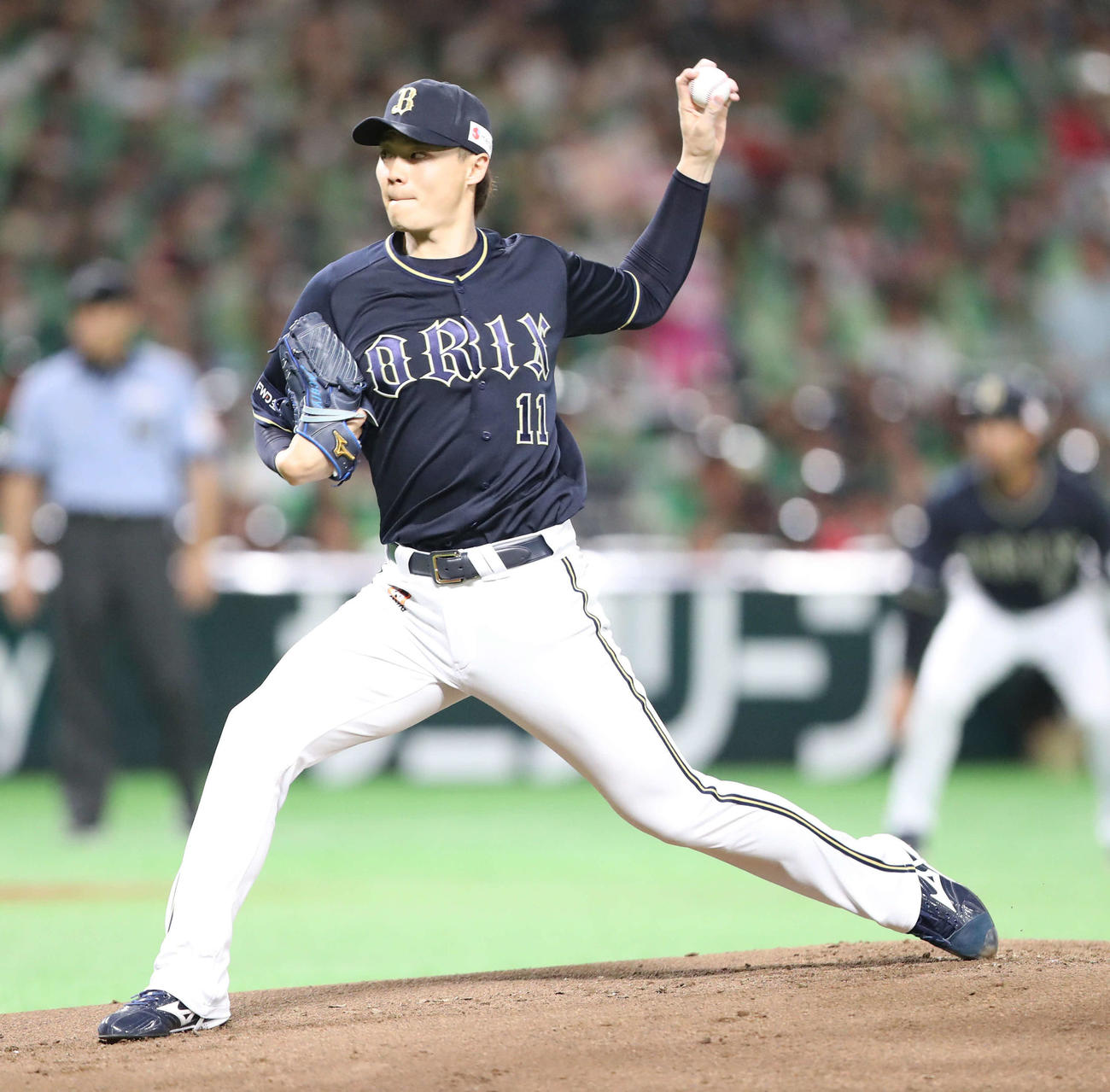 ソフトバンク対オリックス　力投するオリックス先発の山崎福（撮影・梅根麻紀）