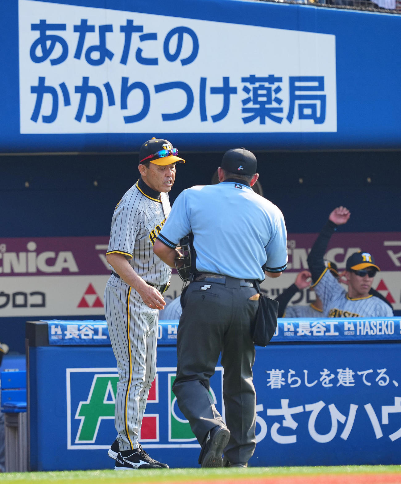 DeNA対阪神　6回裏、投手交代を告げる阪神岡田監督（左）（撮影・垰建太）