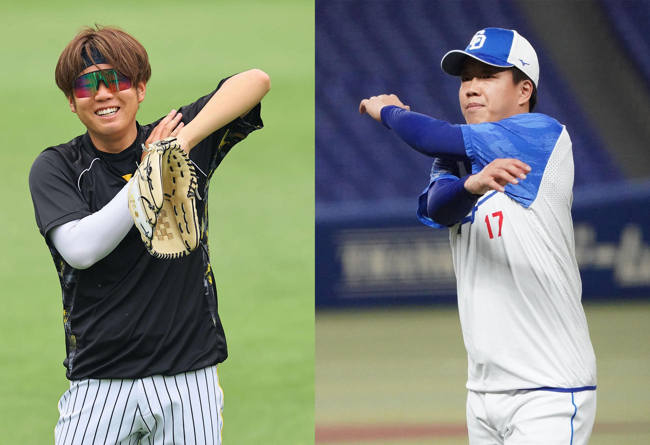 試合前日、調整に励む阪神西勇輝（左）と中日柳裕也