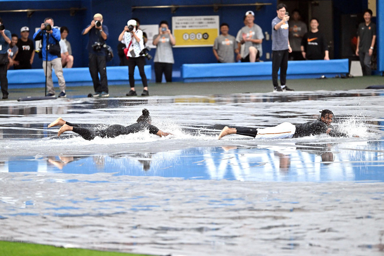 巨人対ヤクルト　雨天中止となり雨水のたまったシートにヘッドスライディングする巨人ウォーカー（左）とブリンソン（撮影・滝沢徹郎）