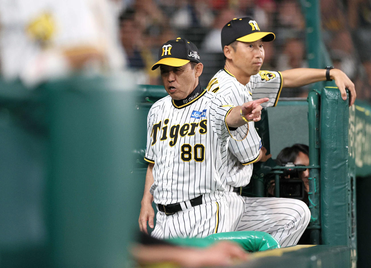 阪神対中日　9回裏阪神1死、遊ゴロでヘッドスライディングした木浪について声を出す岡田監督（左）（撮影・上山淳一）