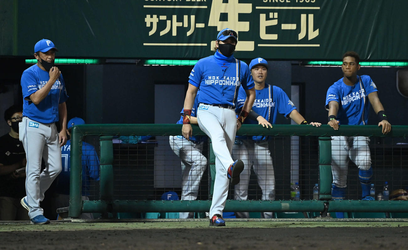 西武対日本ハム　8回表日本ハム2死一、二塁、新庄監督（左から2人目）は代打にハンソンを送る（撮影・山崎安昭）