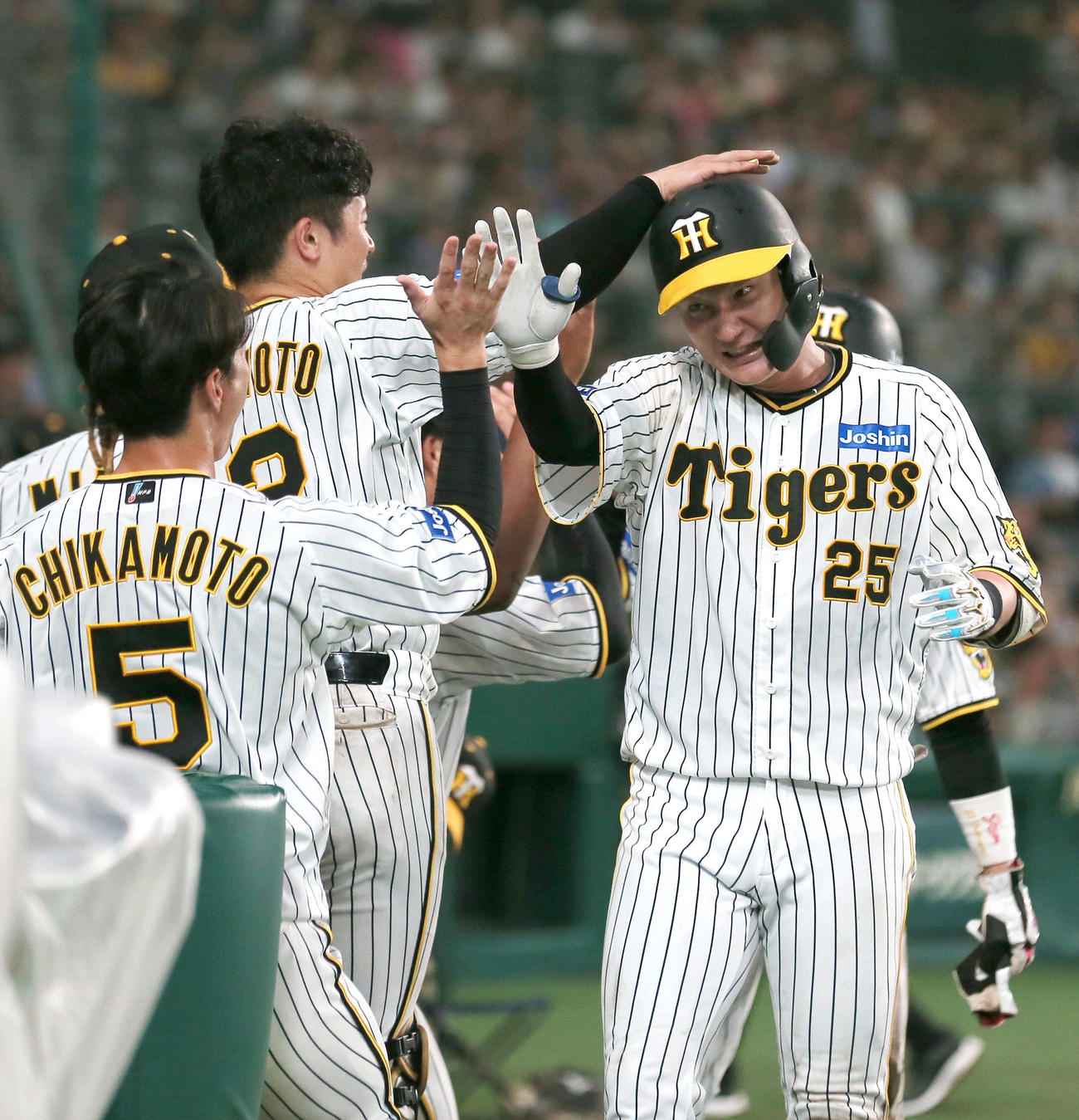 阪神対中日　5回裏阪神1死一塁、渡辺諒（右）は中越え2点本塁打を放ち坂本から手荒い祝福を受ける（撮影・上山淳一）