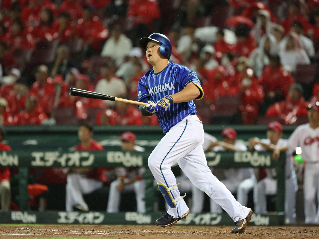 広島対DeNA 9回表DeNA無死、牧は左越え本塁打を放つ（撮影・加藤孝規）