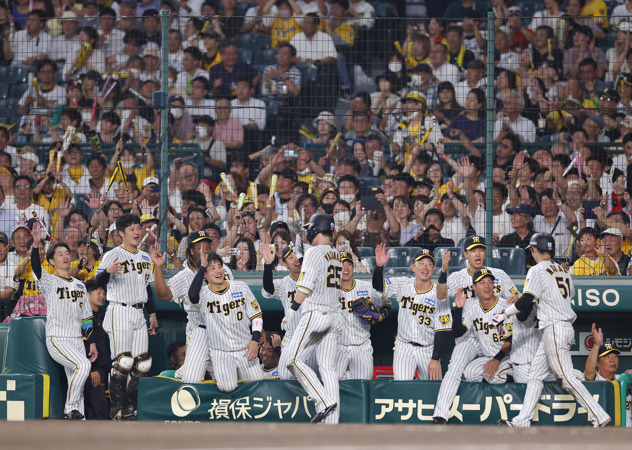 阪神対中日　5回裏阪神1死一塁、2点本塁打を放った渡辺諒（左）と中野を迎える阪神ナイン（撮影・藤尾明華）