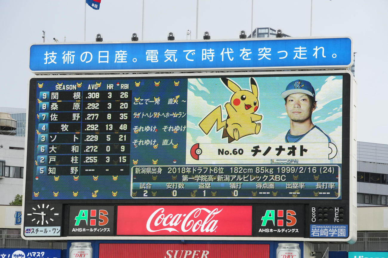 DeNA対中日　ポケットモンスターのキャラと共にDeNA知野の先発が発表される（撮影・横山健太）
