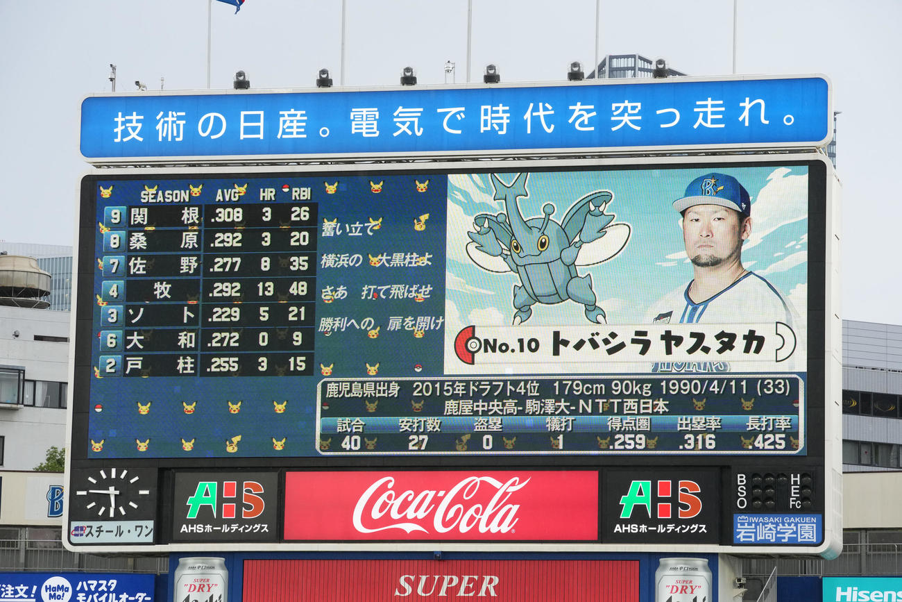 DeNA対中日　ポケットモンスターのキャラと共にDeNA戸柱の先発が発表される（撮影・横山健太）