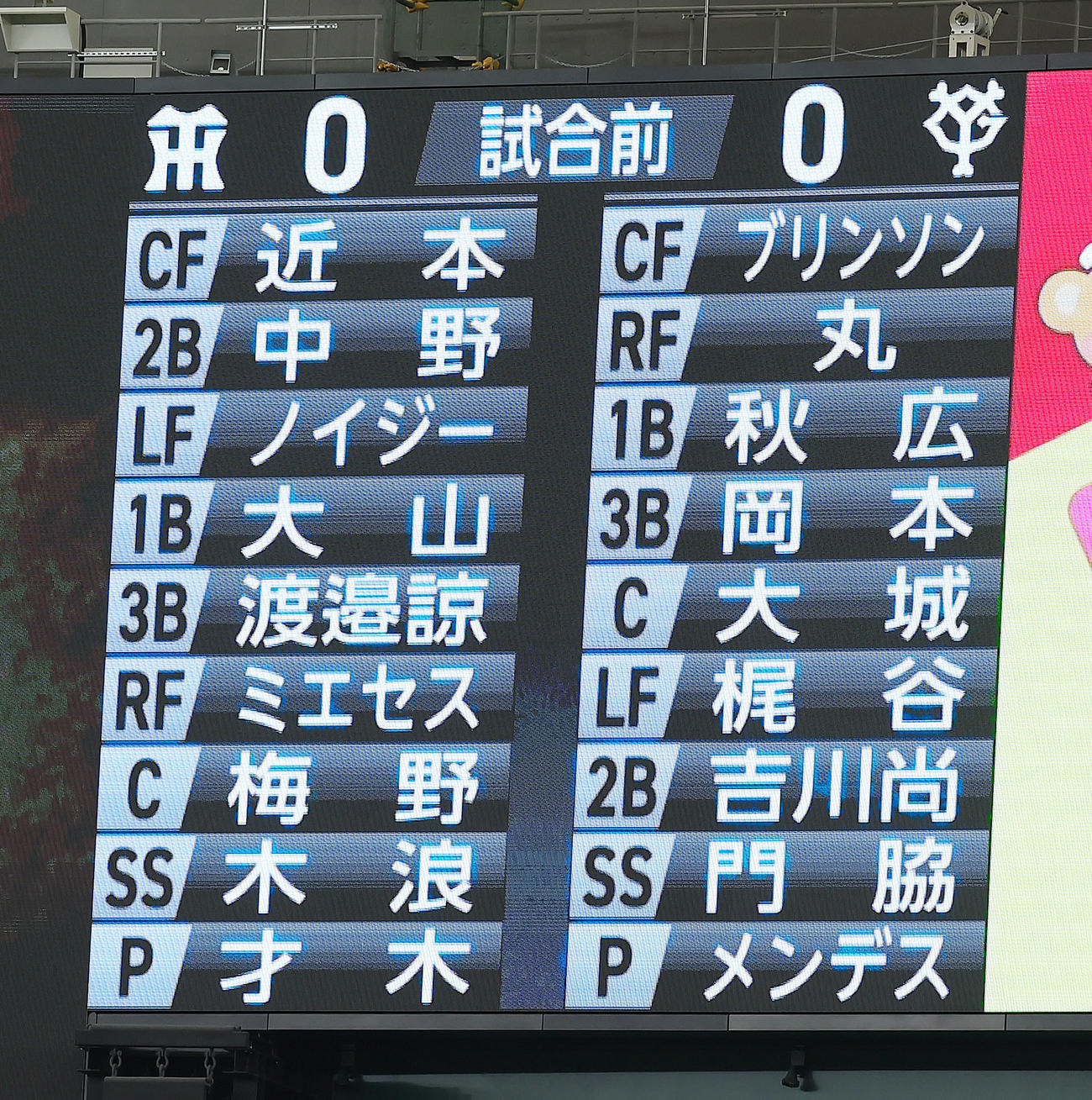 巨人対阪神　両チームのスタメン（撮影・足立雅史）