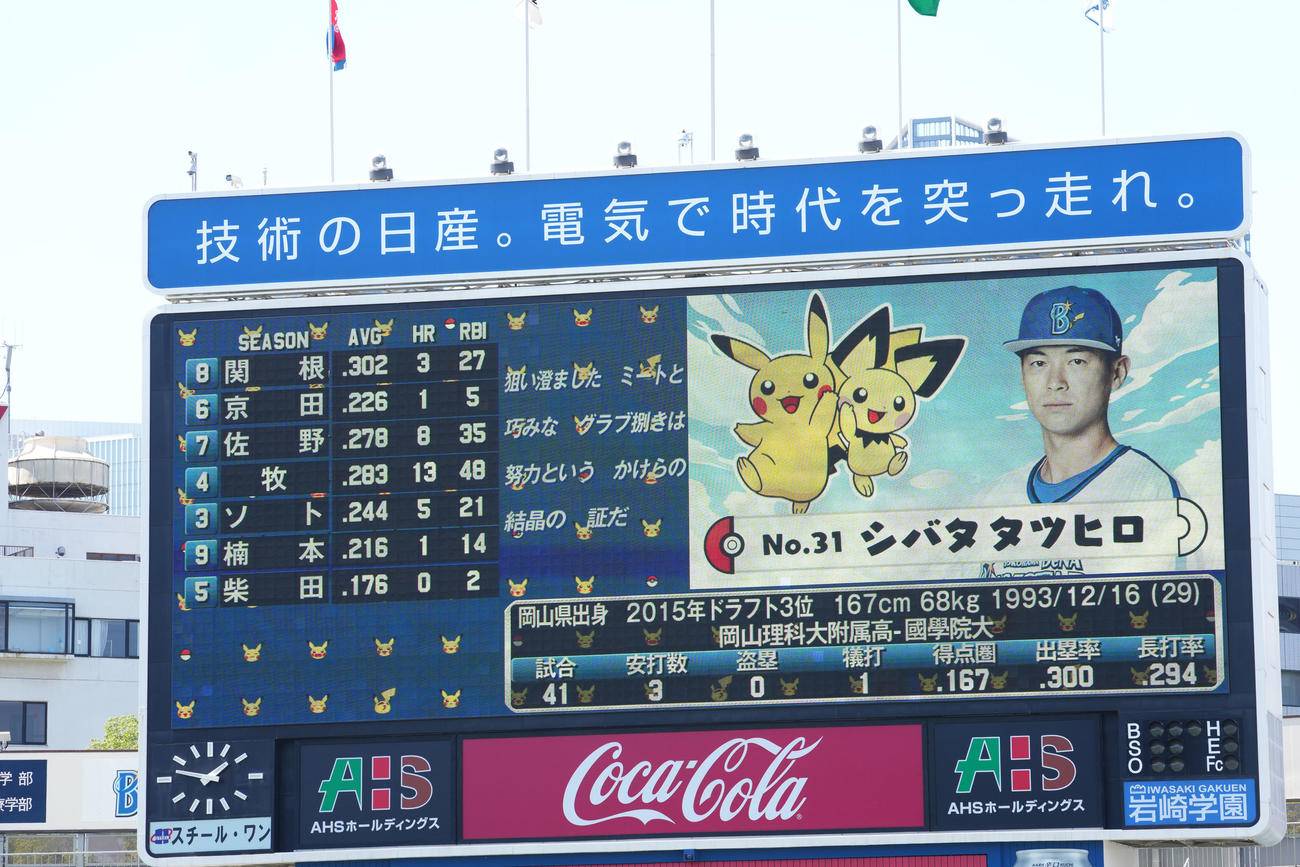 DeNA対中日　ポケットモンスターのキャラと共にDeNA柴田の先発が発表される（撮影・横山健太）
