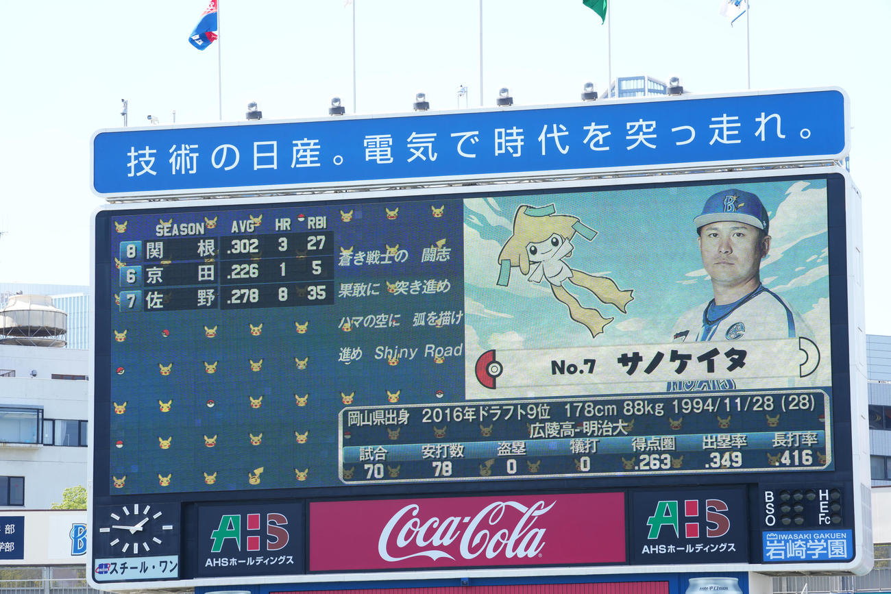 DeNA対中日　ポケットモンスターのキャラと共にDeNA佐野の先発が発表される（撮影・横山健太）