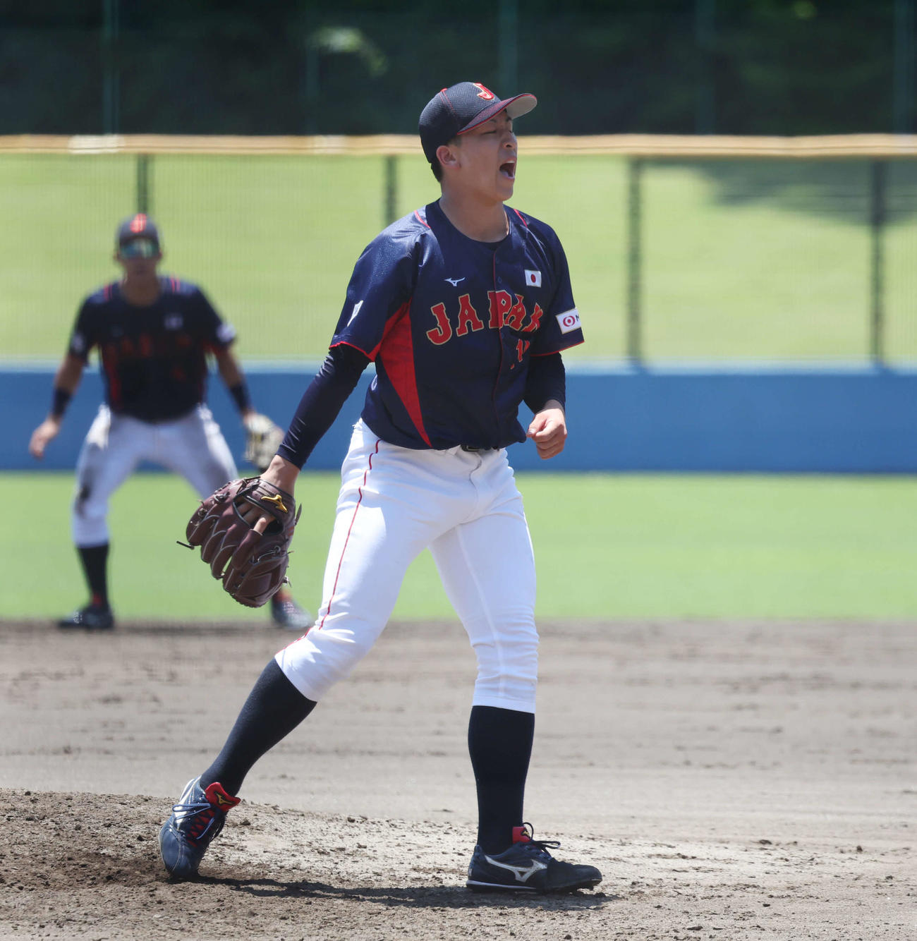 大学日本代表対東芝　4回裏東芝無死、松本を空振り三振に仕留め、雄たけびを上げる細野（撮影・宮地輝）