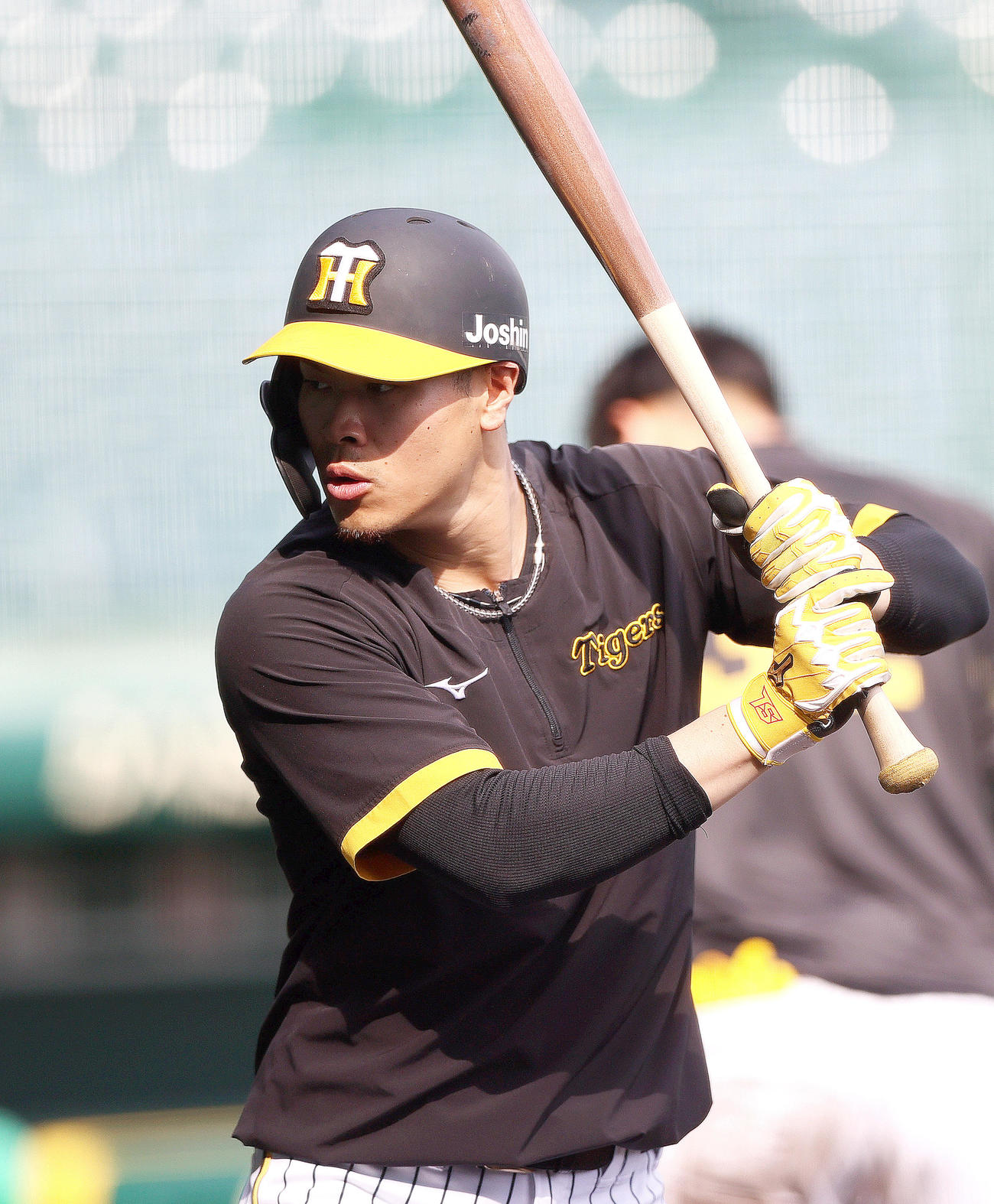 ウエスタン・リーグ阪神対オリックス　試合前の練習に励む阪神佐藤輝（撮影・上山淳一）