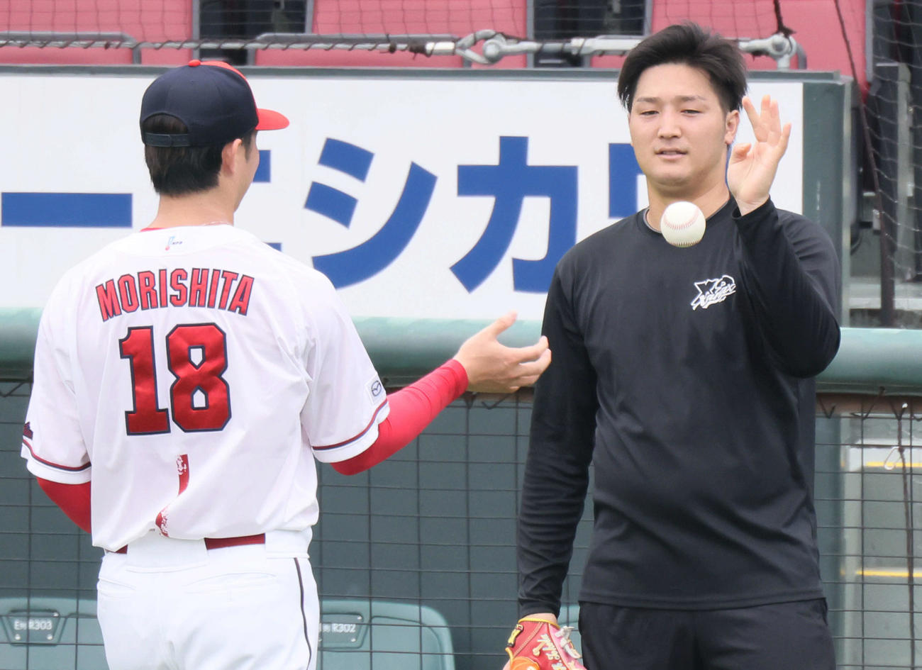 広島投手指名練習　キャッチボールをした床田（右）と森下（撮影・加藤孝規）