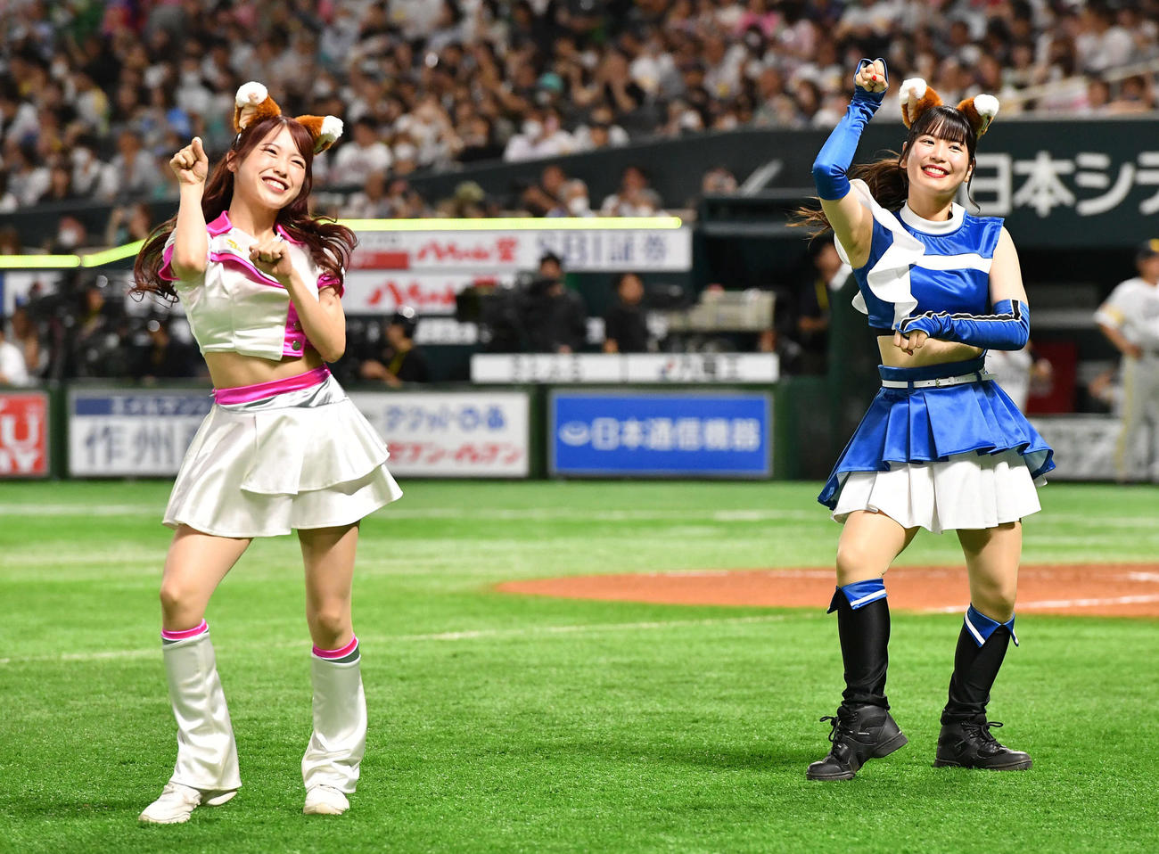 ソフトバンク対日本ハム　3回表終了後、きつねダンスでコラボするハニーズとファイターズガール（撮影・岩下翔太）