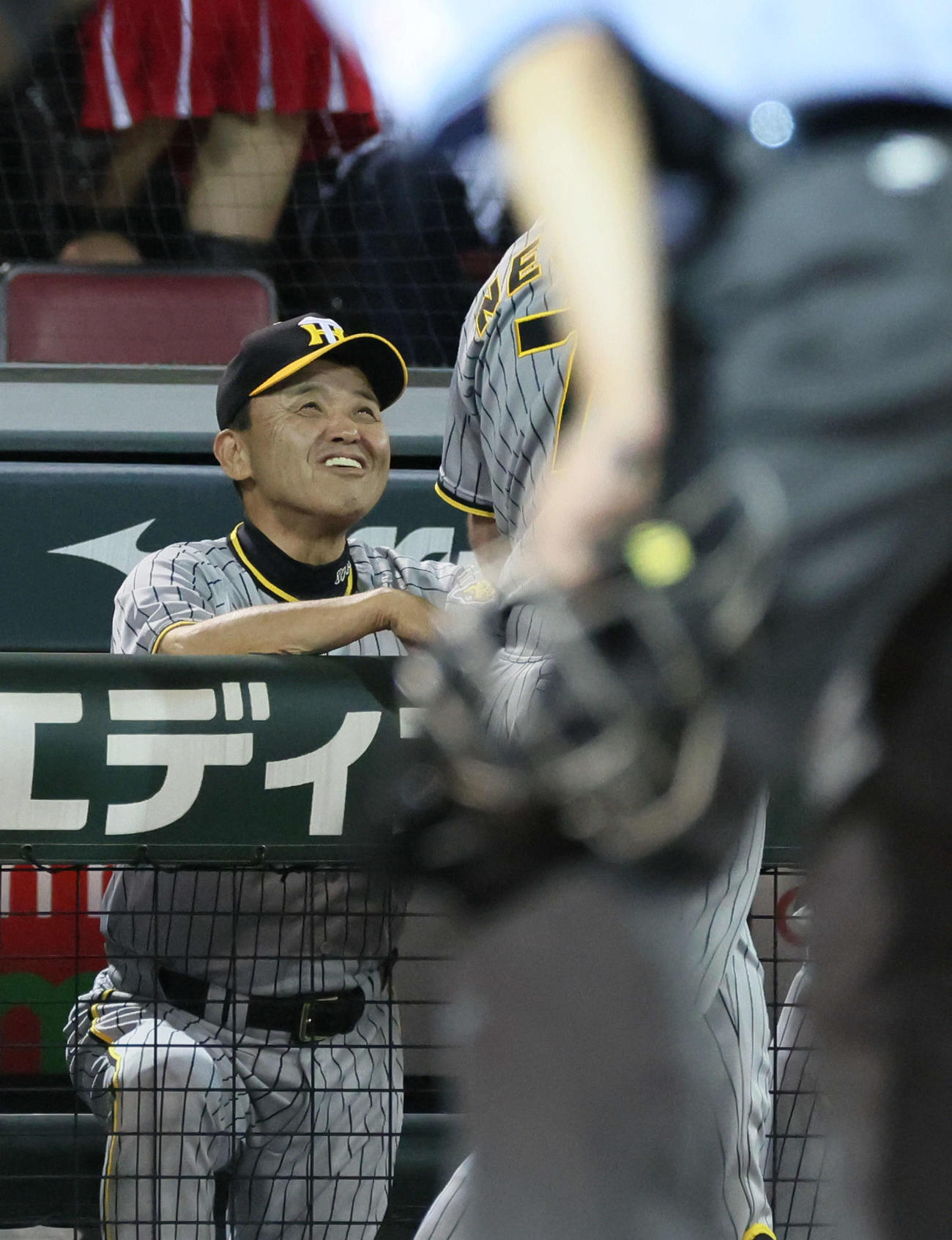 広島対阪神　7回表阪神無死、ノイジーは左越え本塁打を放ち岡田監督に迎えられる（撮影・加藤孝規）