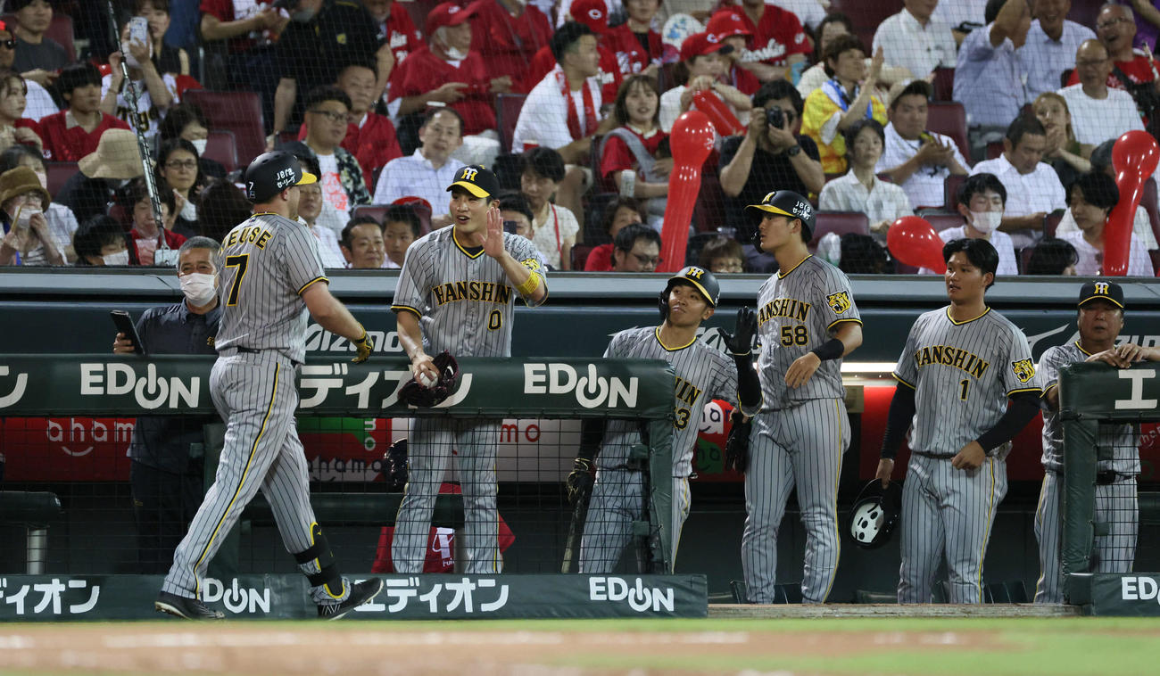 広島対阪神　7回表阪神無死、ノイジーは左越え本塁打を放ち、ナインに迎えられる（撮影・加藤孝規）