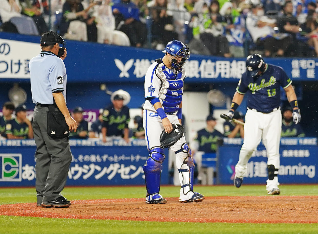 DeNA対ヤクルト　12回表ヤクルト2死一、三塁、捕逸した伊藤（中央）（撮影・江口和貴）