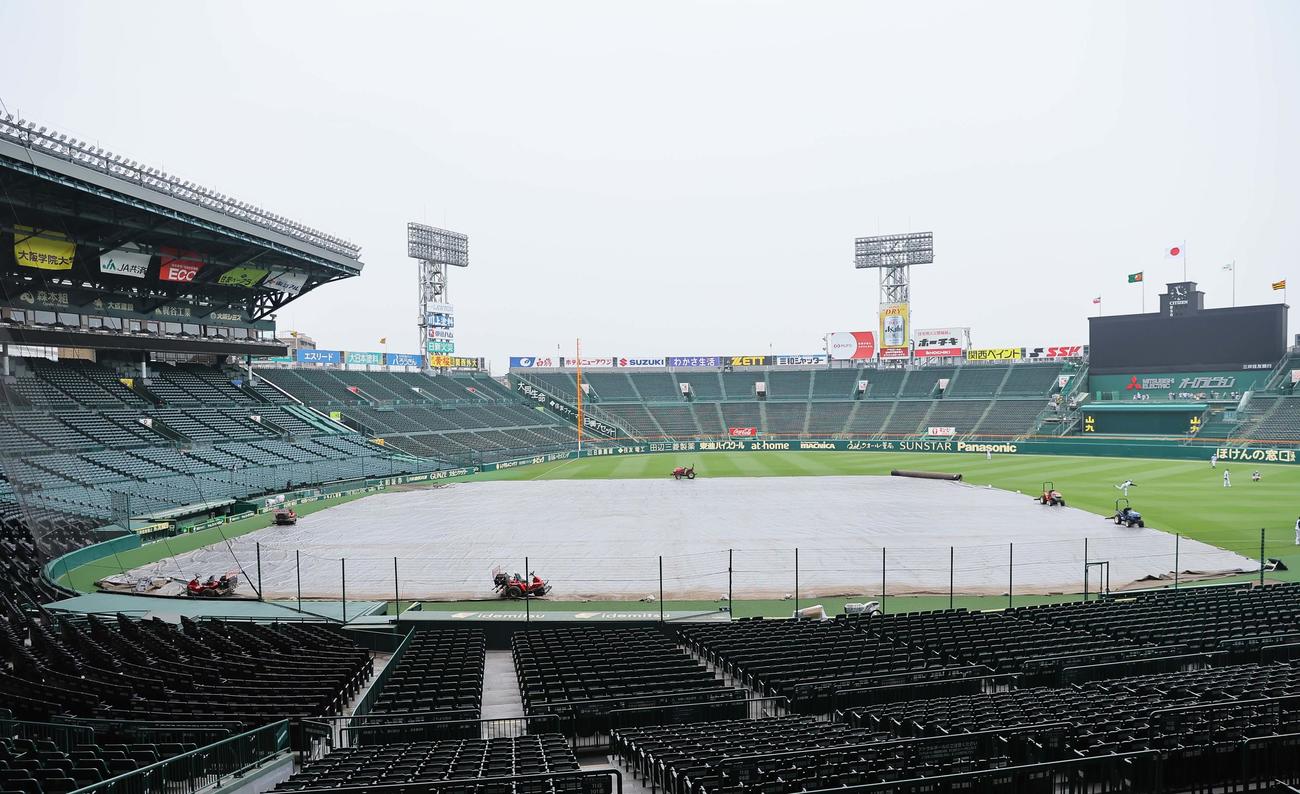 天候不良の為、内野にシートが張られた甲子園球場（撮影・上田博志）