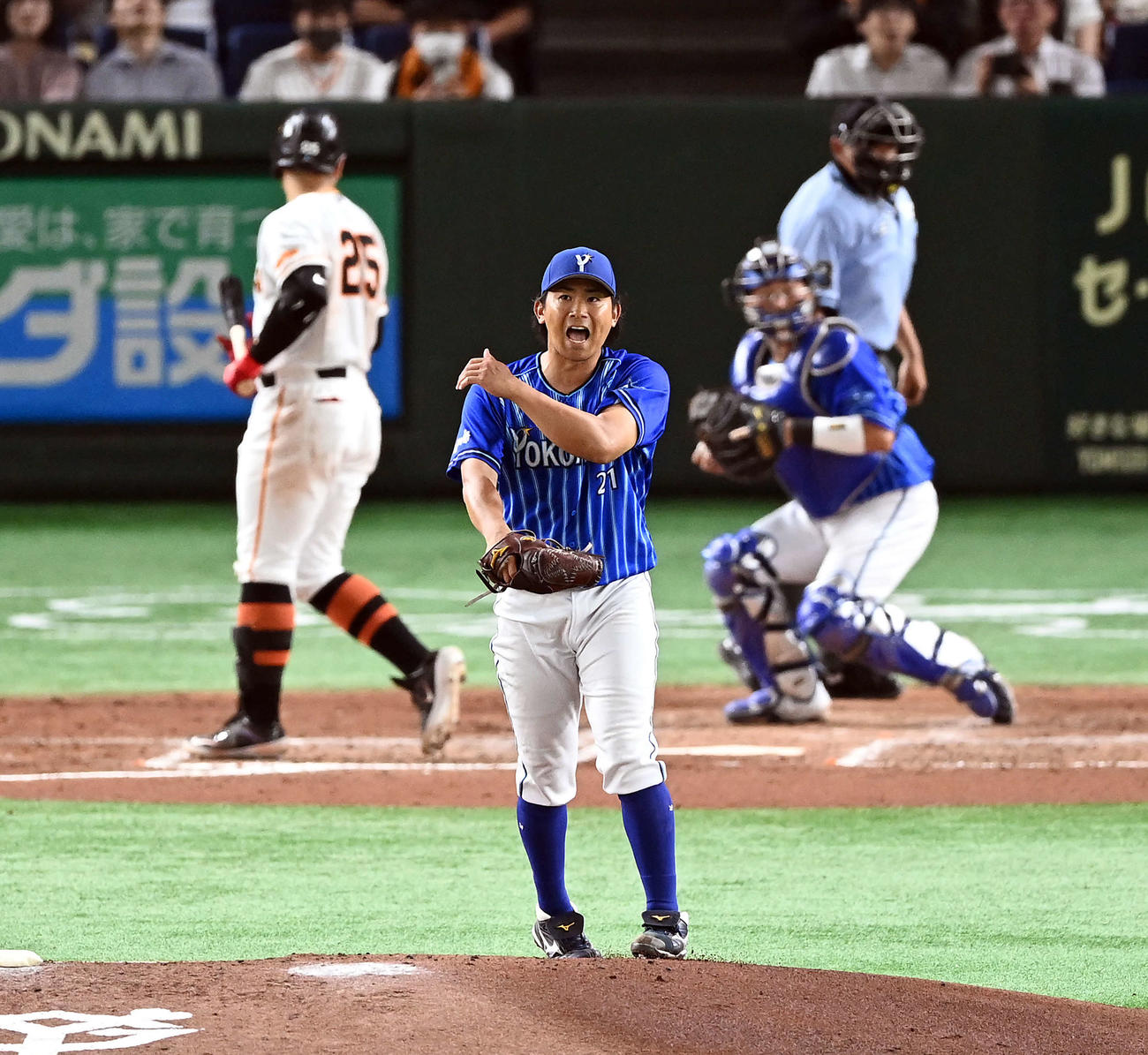 巨人対DeNA 4回裏巨人1死、岡本和を見逃し三振に仕留めほえる今永（撮影・たえ見朱実）
