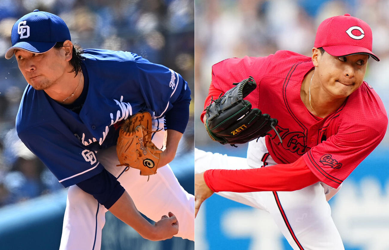 中日涌井秀章（左）、広島森翔平